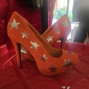 Anne Michelle Vibrant Orange Heels with Silver Stars